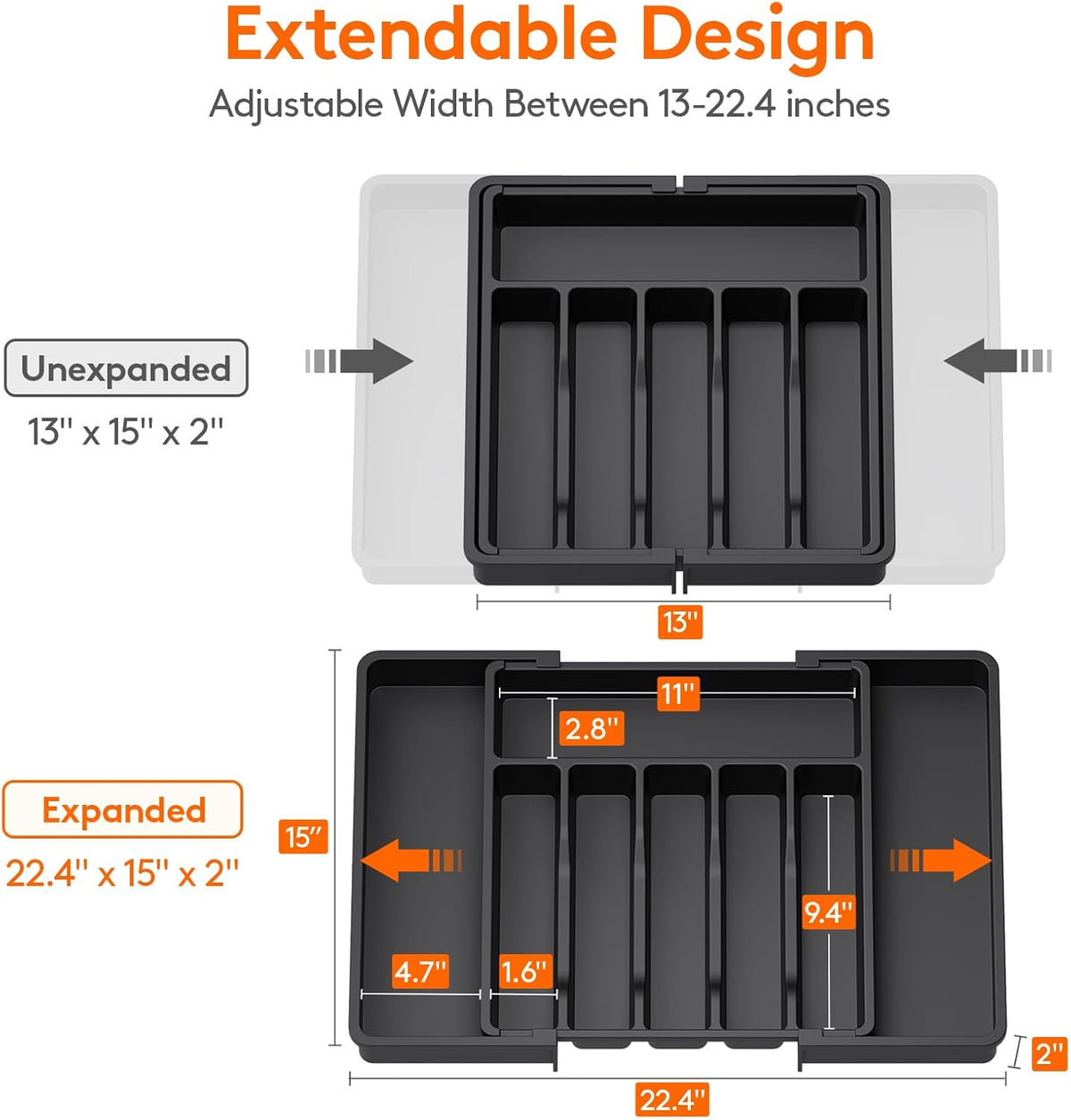 Lifewit Expandable Silverware Organizer – BPA-Free, Adjustable Utensil Tray (Black)