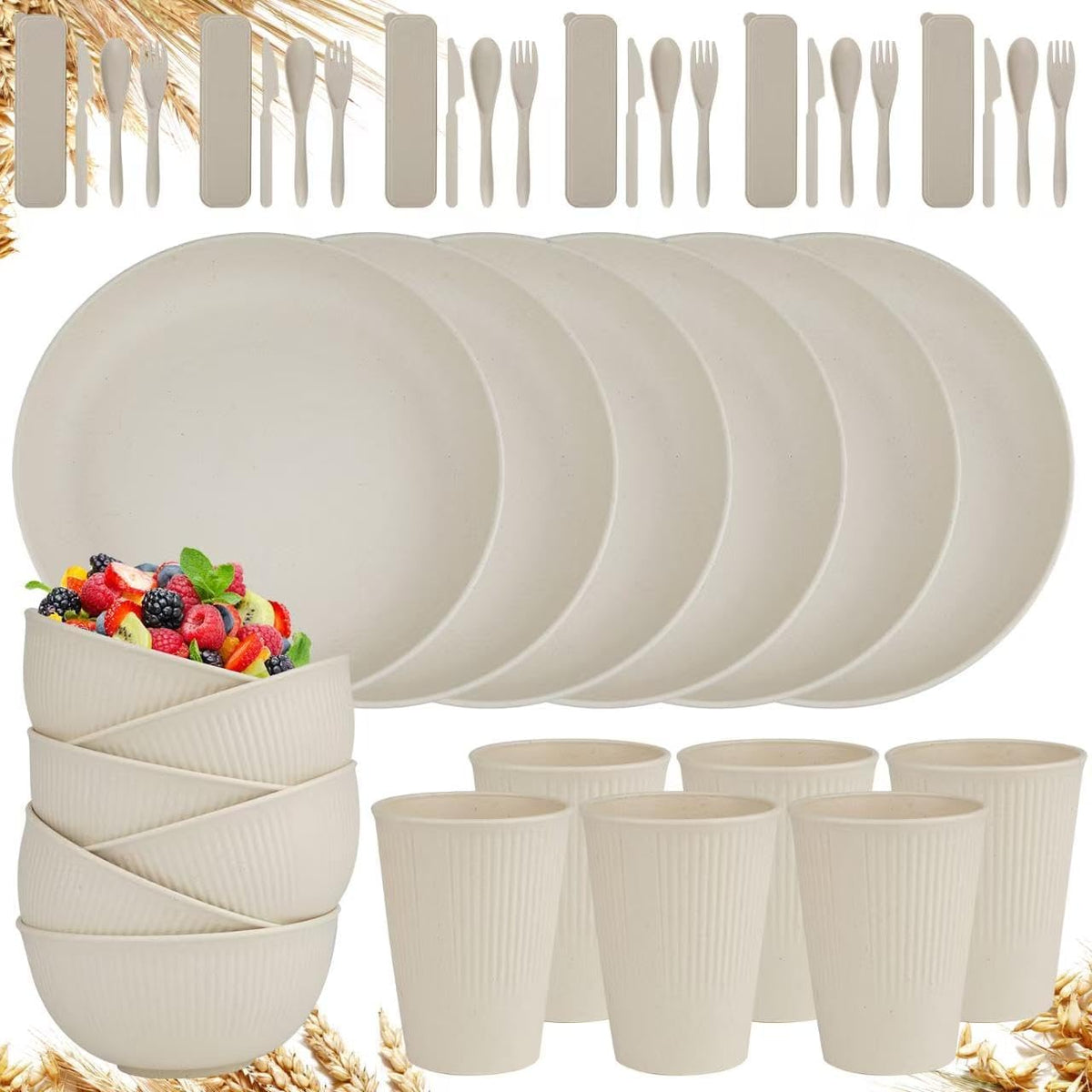 42PCS Wheat Straw Dinnerware Set – Unbreakable, Microwave-Safe & Reusable
