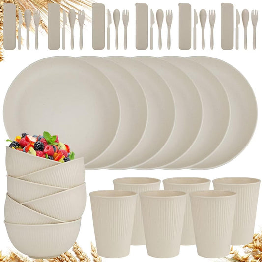 42PCS Wheat Straw Dinnerware Set – Unbreakable, Microwave-Safe & Reusable