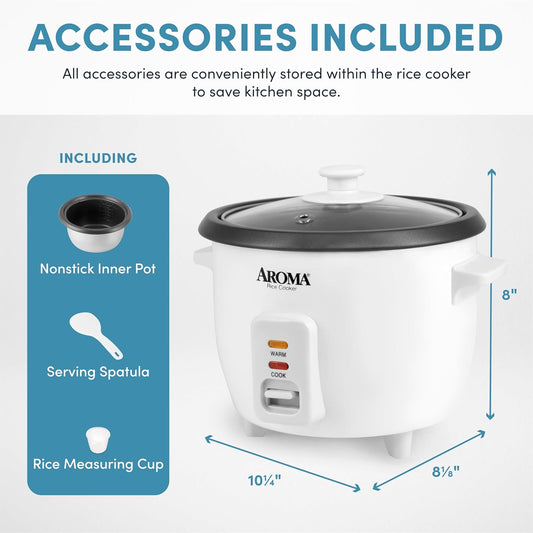 Aroma 6-Cup One-Touch Rice Cooker, 1.5 Qt, White (ARC-363NG)