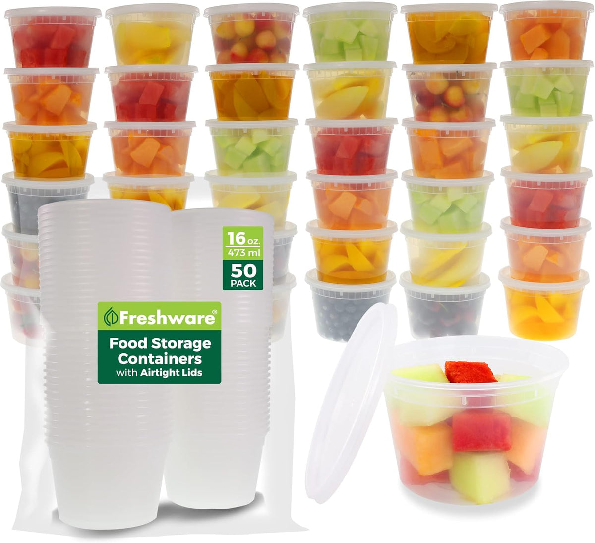 Freshware 16 oz Containers [50 Set] – BPA-Free & Leakproof