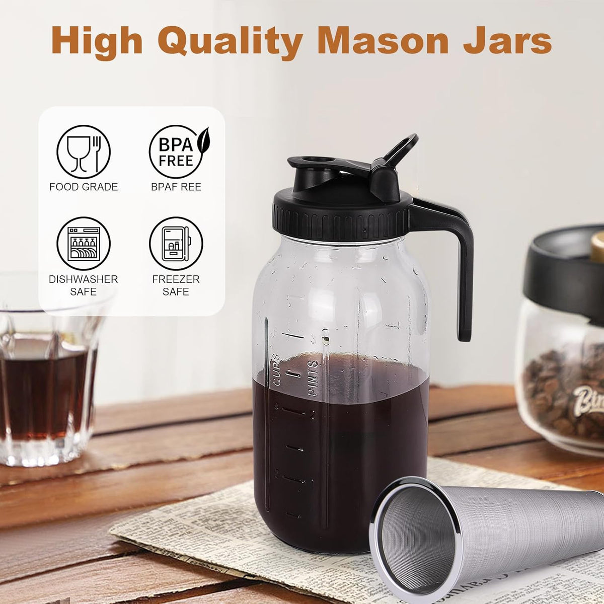 64oz Cold Brew Coffee Maker, Mason Jar, Stainless Steel Filter, Airtight, Leak-Proof