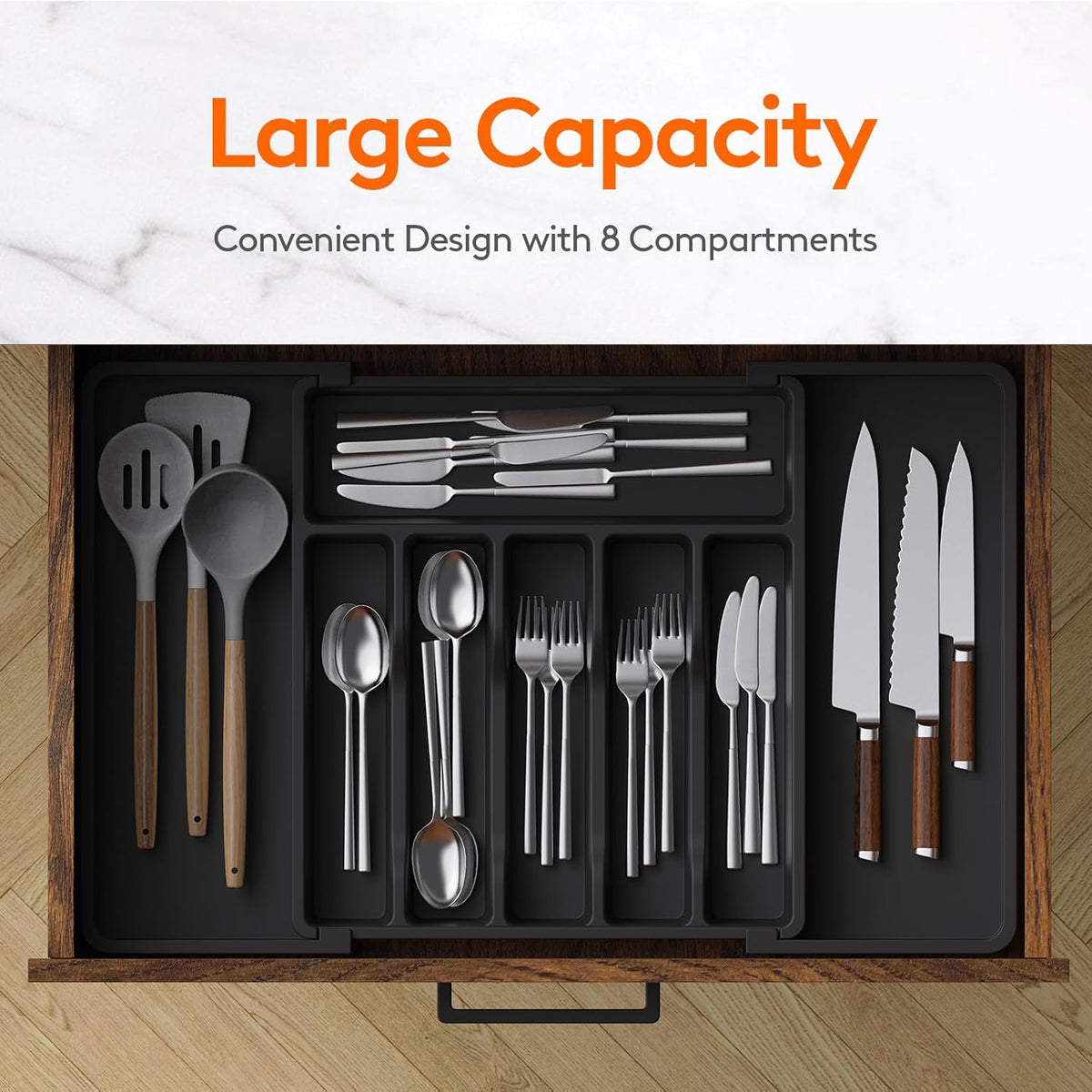 Lifewit Expandable Silverware Organizer – BPA-Free, Adjustable Utensil Tray (Black)
